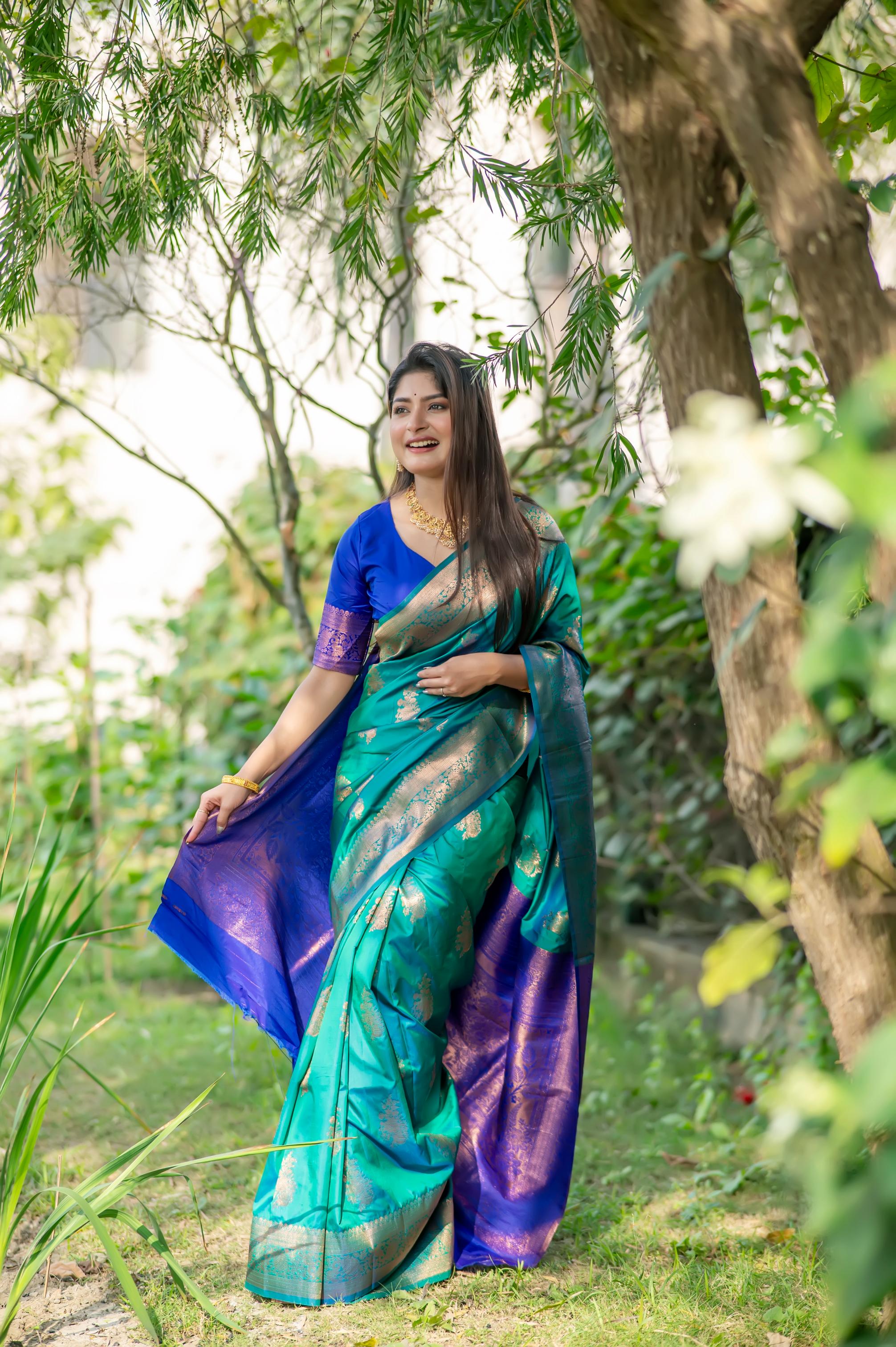 Turquoise soft Banarasi silk saree with delicate gold zari weaving