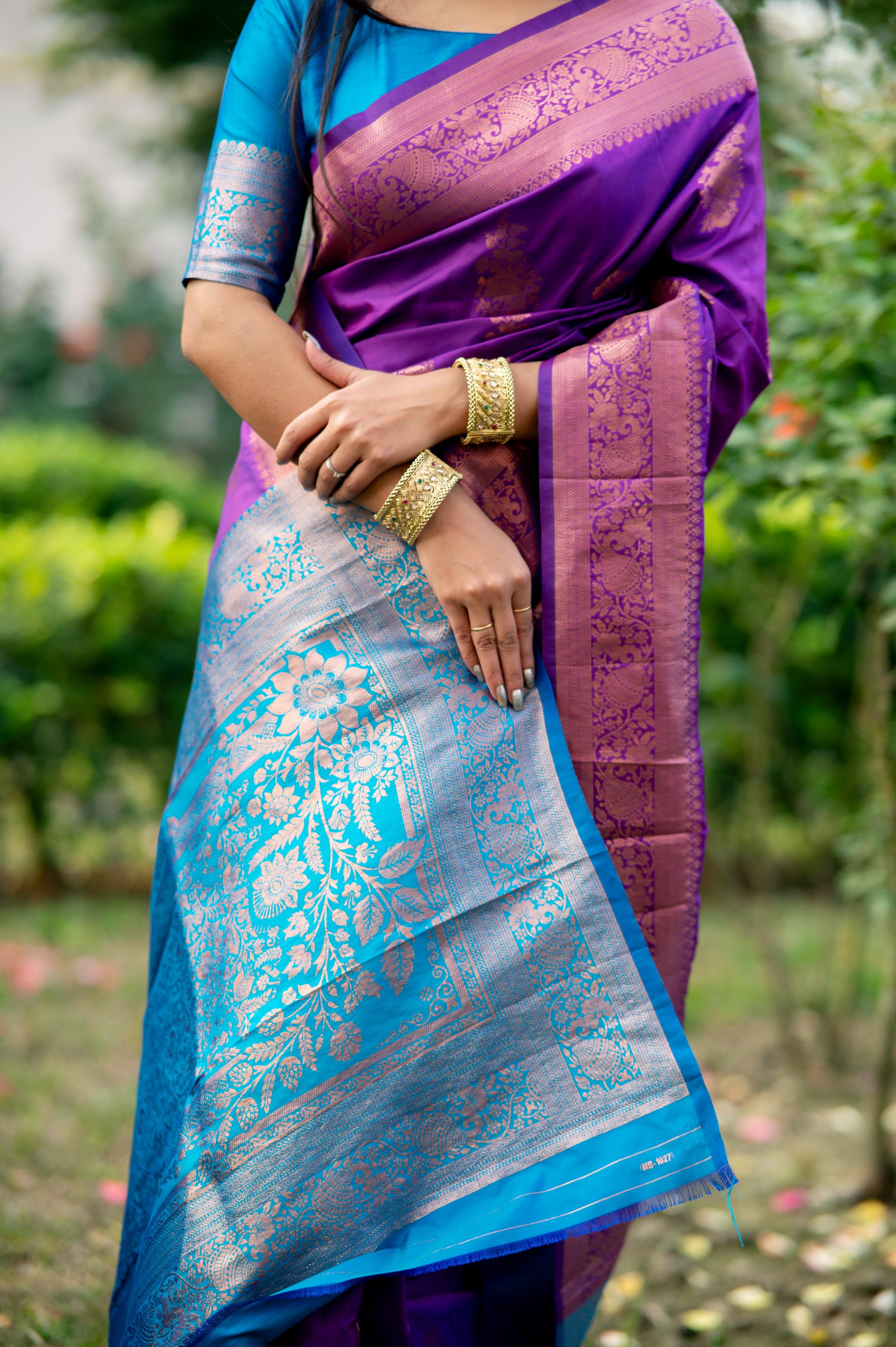 Purple Soft Banarasi Silk Zari Woven Saree with Blouse