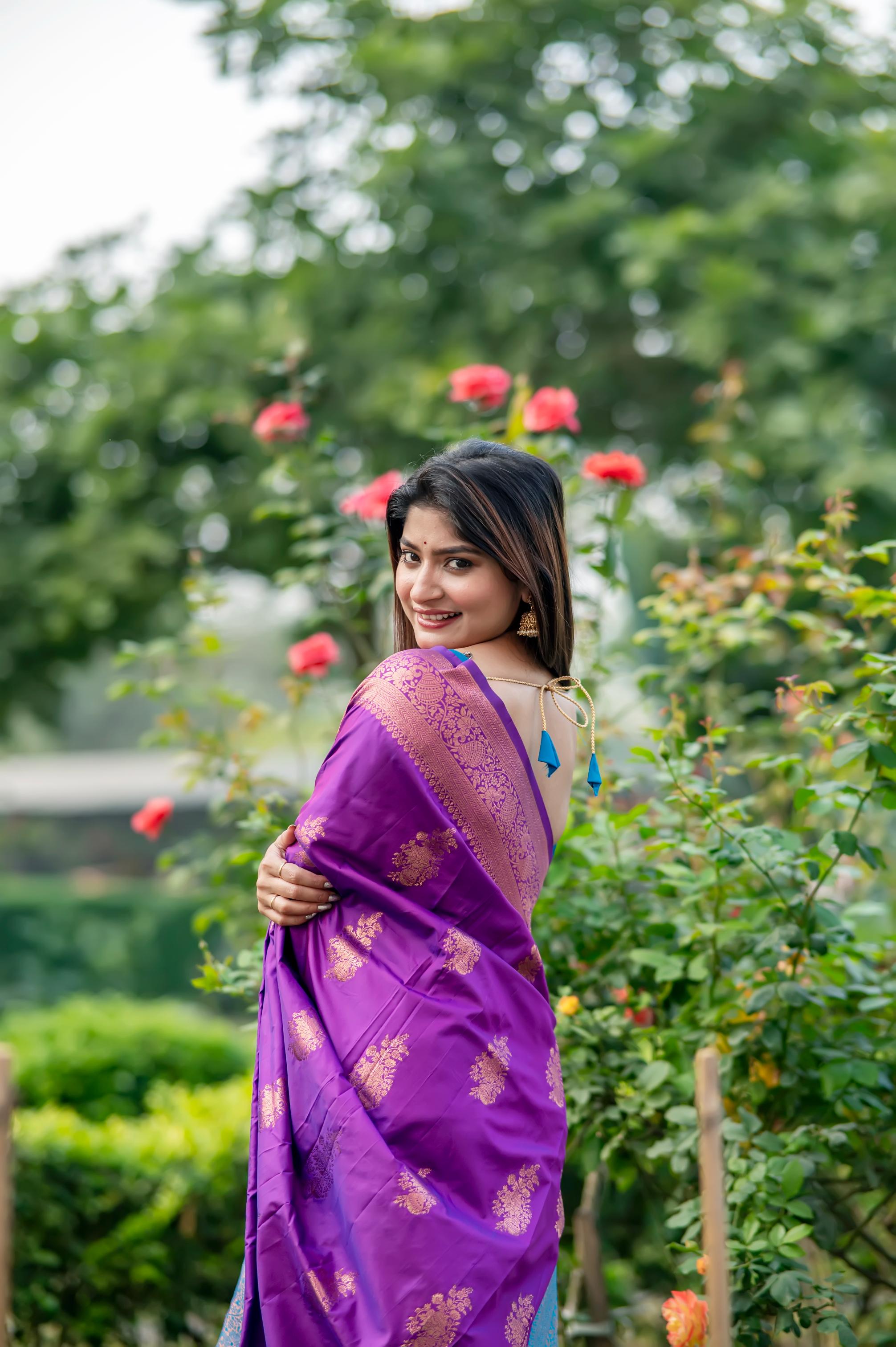 Purple Soft Banarasi Silk Zari Woven Saree with Blouse