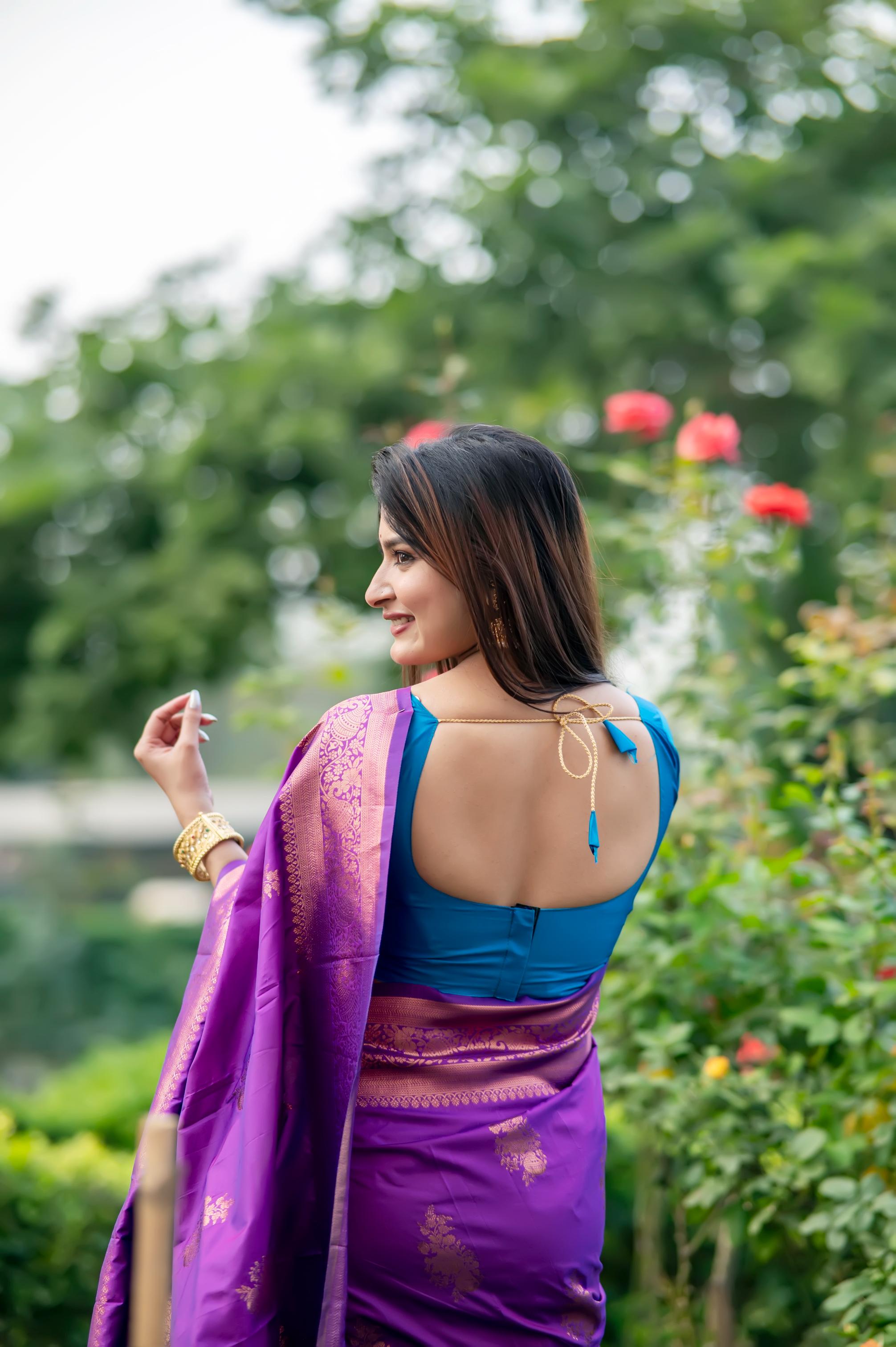 Purple Soft Banarasi Silk Zari Woven Saree with Blouse