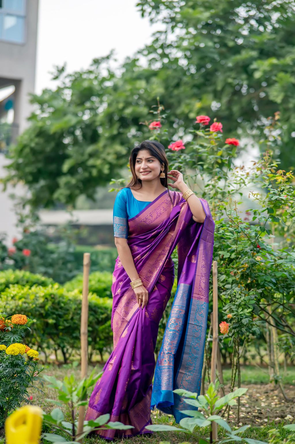 Purple Banarasi Silk saree with intricate gold Zari woven borders