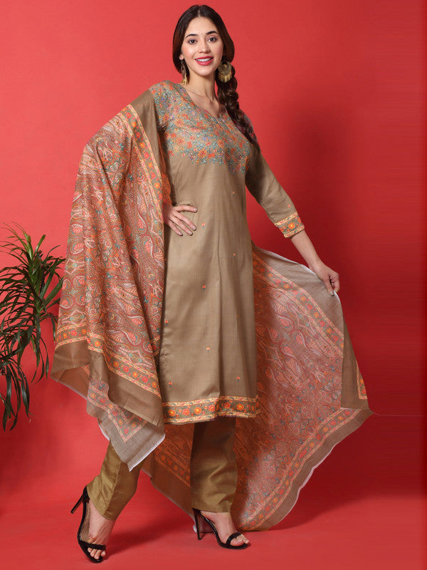 Women's Brown Cotton Digital Printed Straight Suit Set Festive Wear