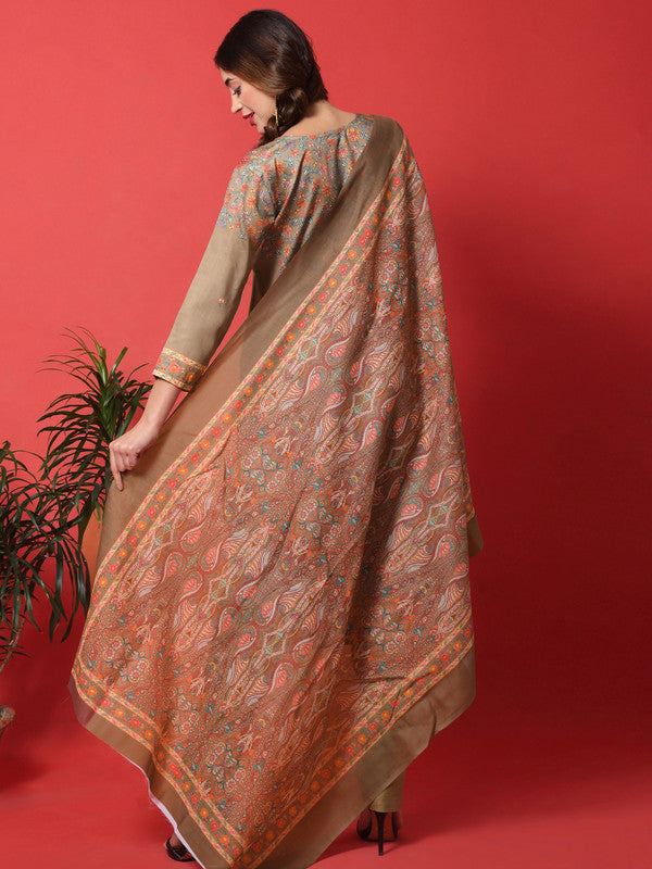 Women's Brown Cotton Digital Printed Straight Suit Set Festive Wear
