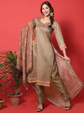 Woman wearing a brown cotton digital printed straight kurta and pants set with a sweetheart neckline