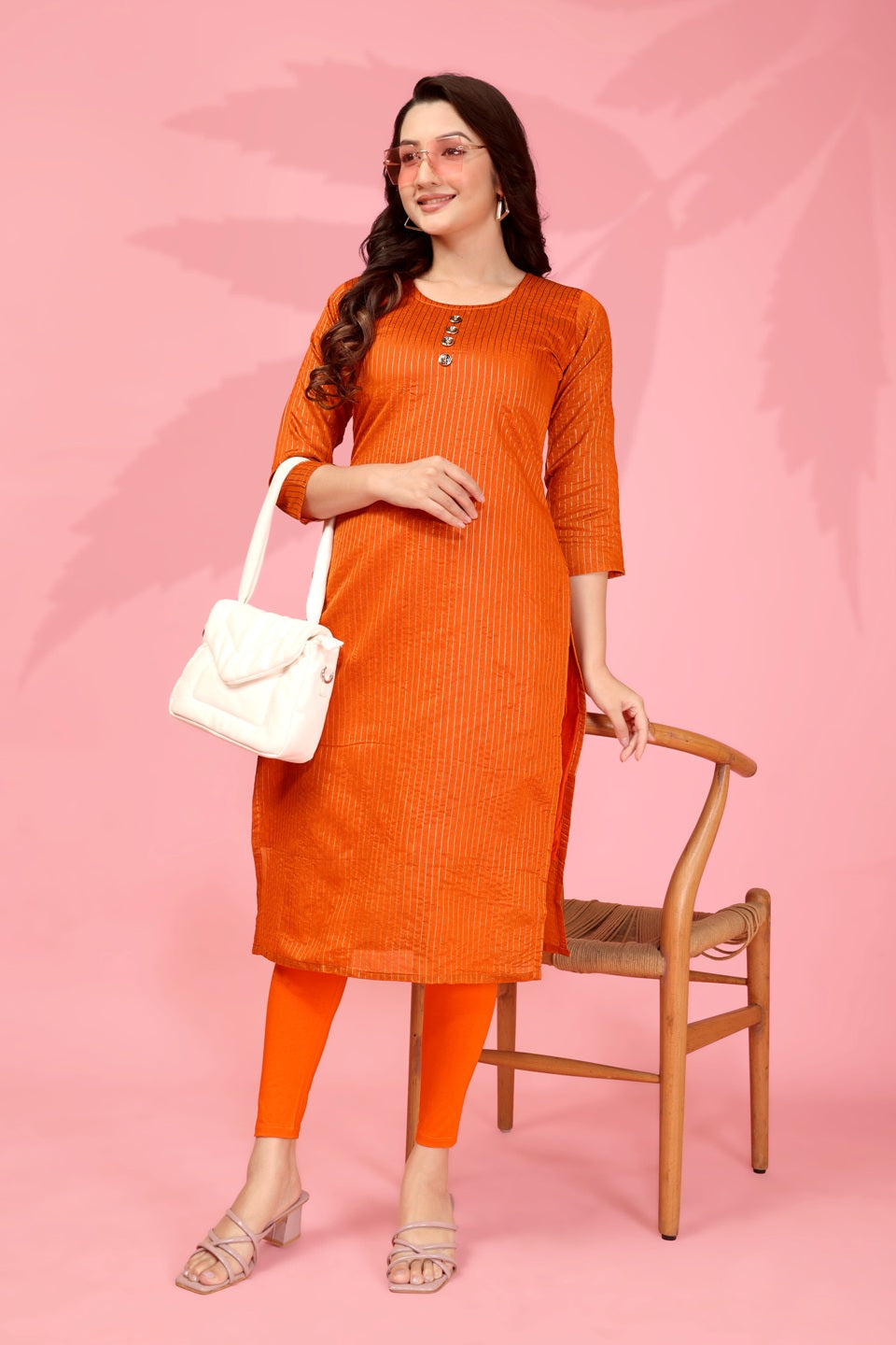Women's Orange Kanchi Cotton Zari Woven Straight Kurti