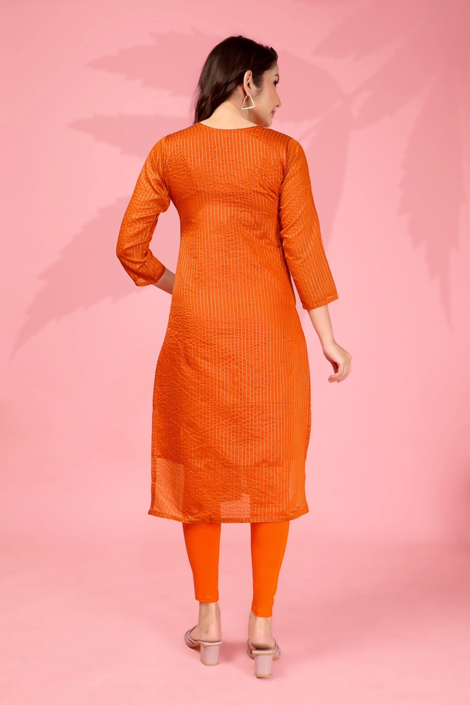 Women's Orange Kanchi Cotton Zari Woven Straight Kurti