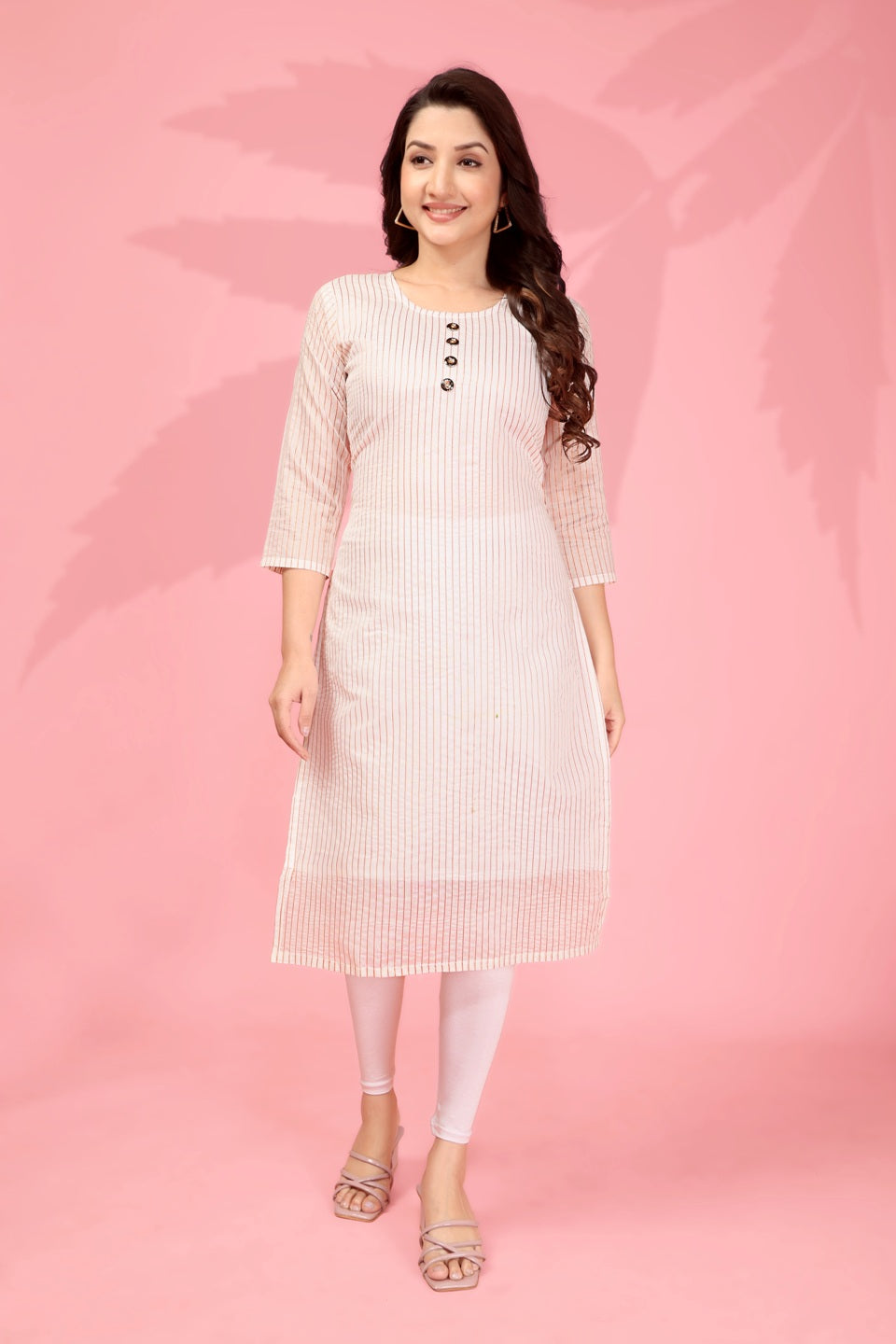 Women's white Kanchi cotton straight kurti with zari woven lining and knee-length design