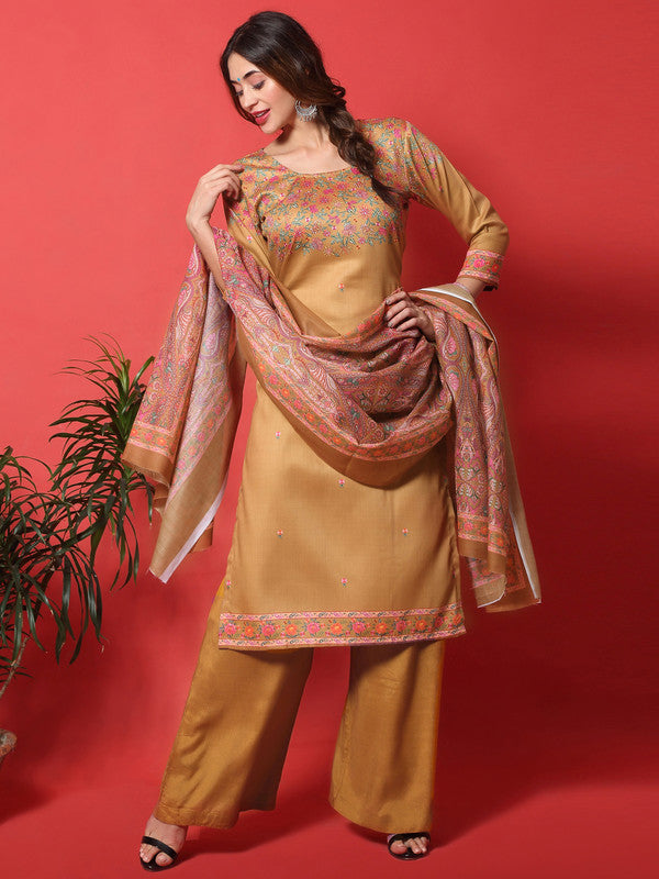 Women wearing a Gold Yellow cotton digital printed straight kurta and matching pants set for festive occasions.