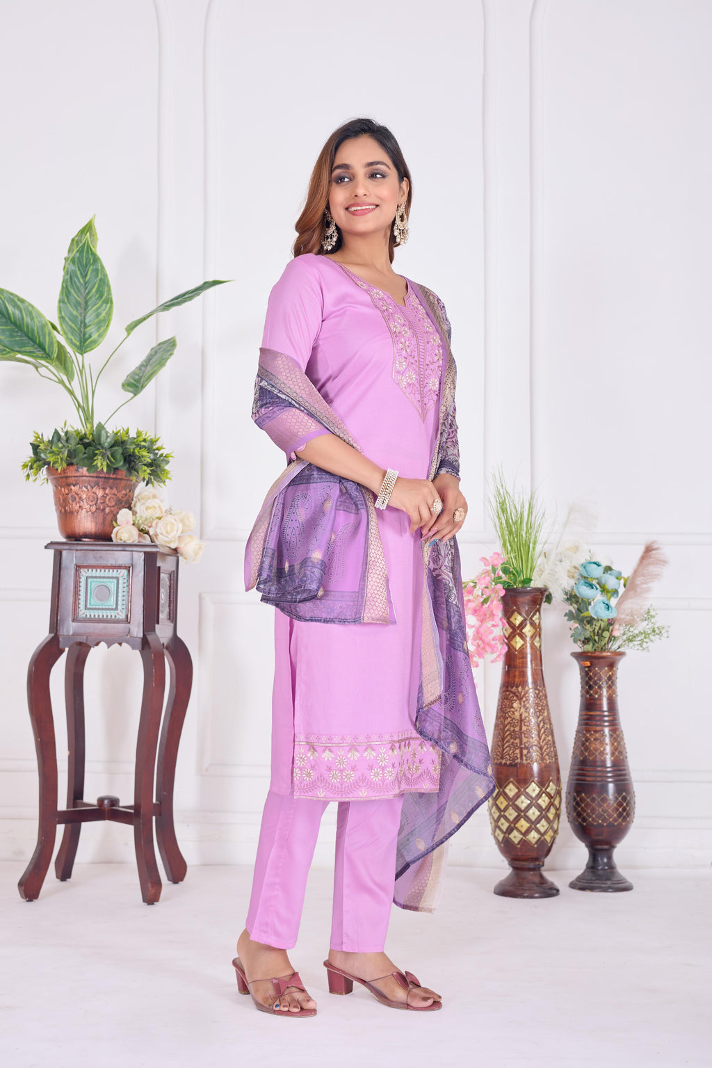 Women's Lavender Cotton Embroidered Straight Kurta Set with Dupatta