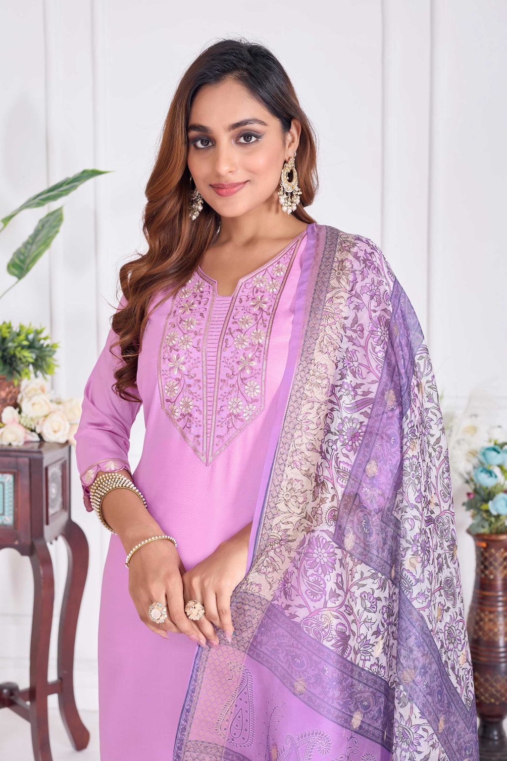 Women's Lavender Cotton Embroidered Straight Kurta Set with Dupatta