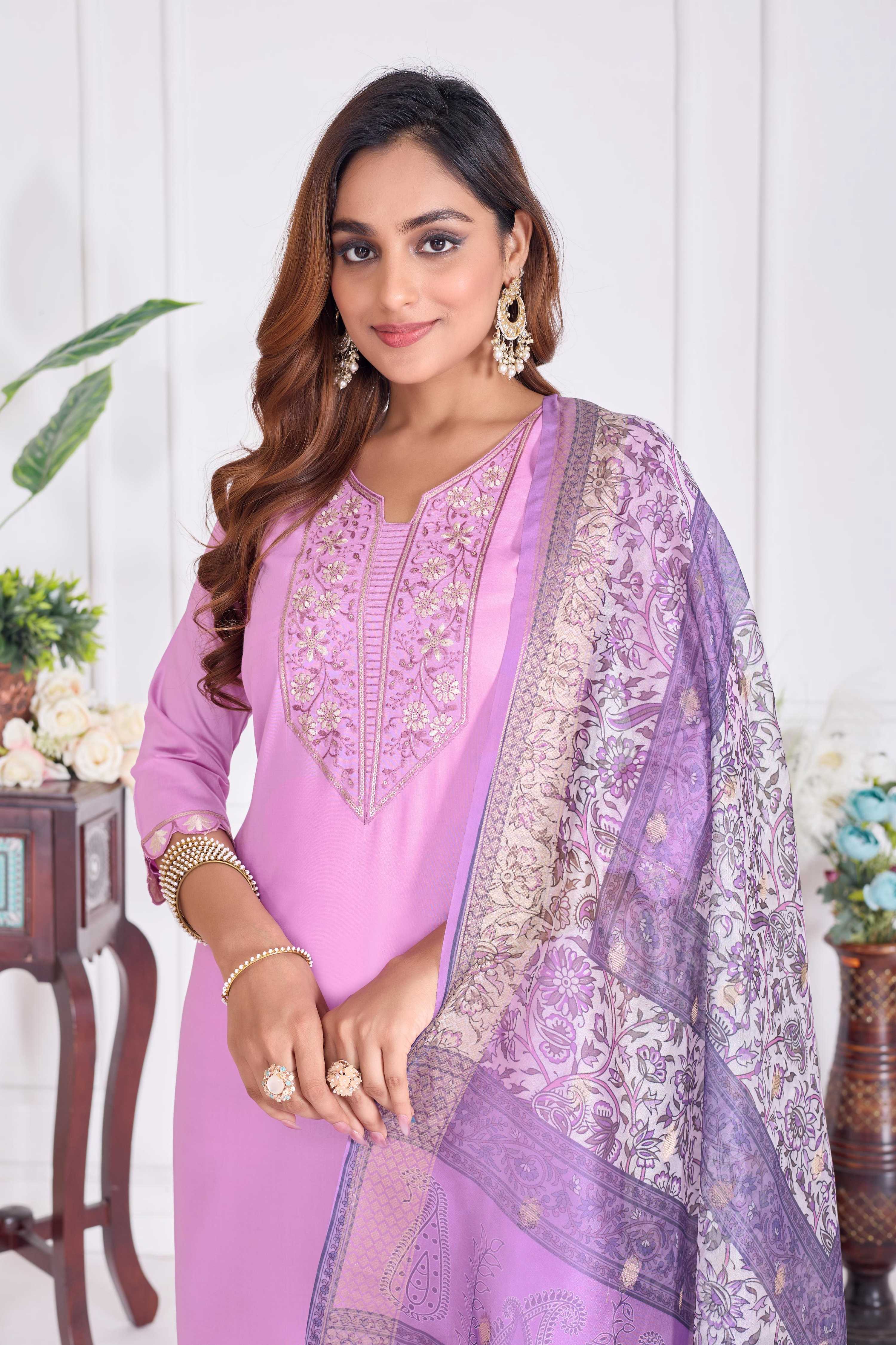 Women's Lavender Cotton Embroidered Straight Kurta Set with Dupatta