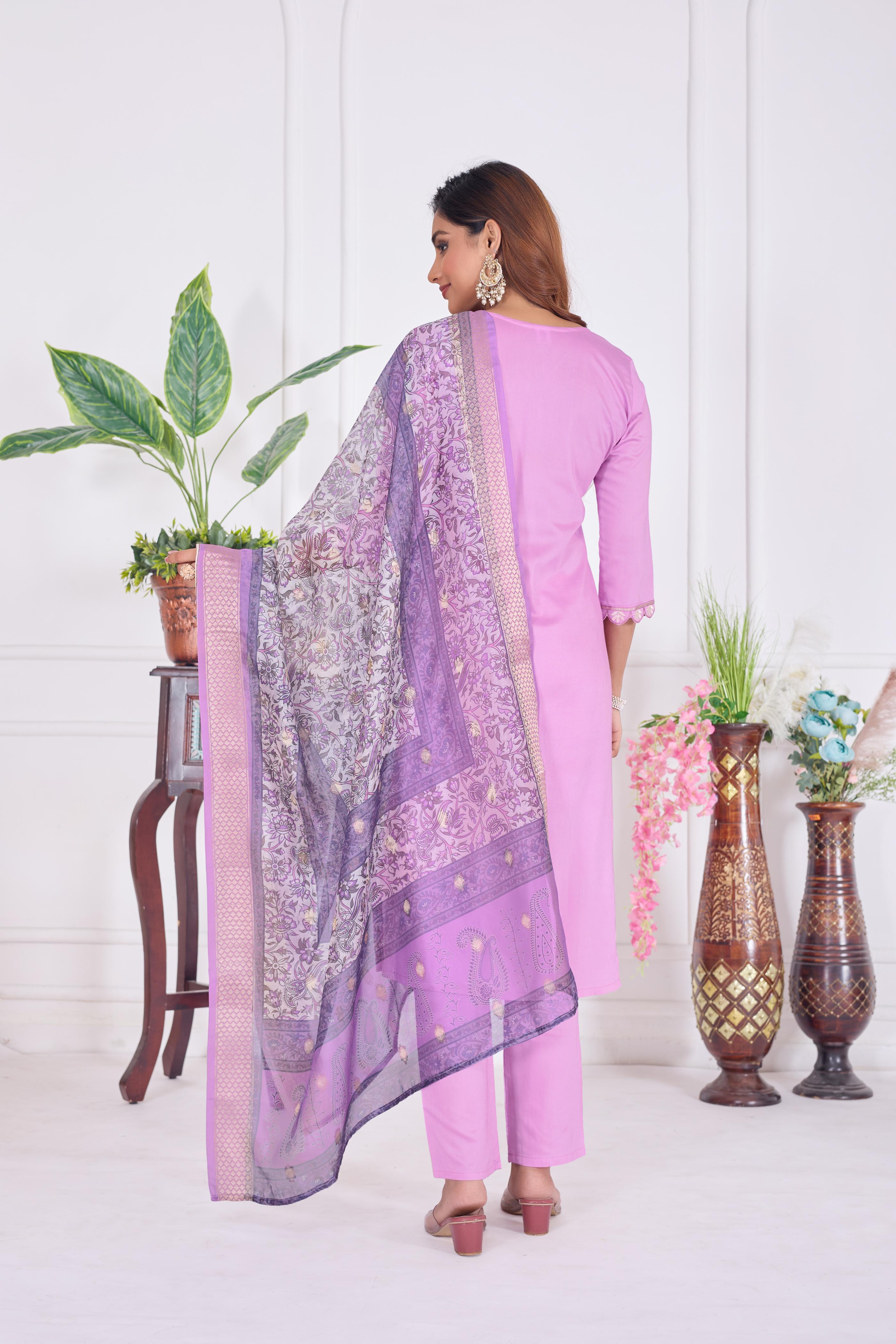 Women's Lavender Cotton Embroidered Straight Kurta Set with Dupatta