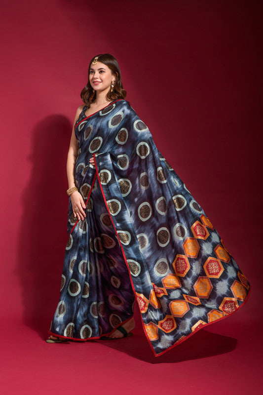 Navy Blue Emboss Foil Printed Soft Silk Saree with Blouse