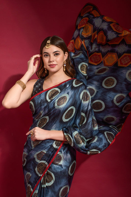 Navy Blue Emboss Foil Printed Soft Silk Saree with Blouse