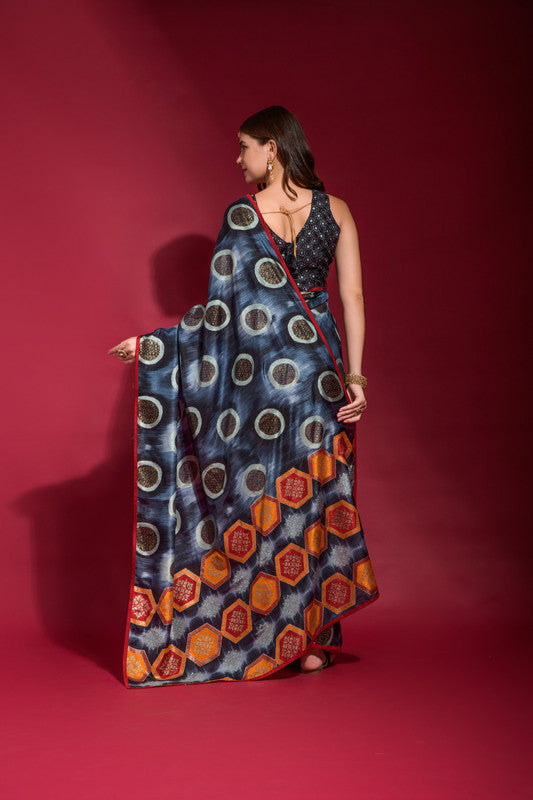 Navy Blue Emboss Foil Printed Soft Silk Saree with Blouse