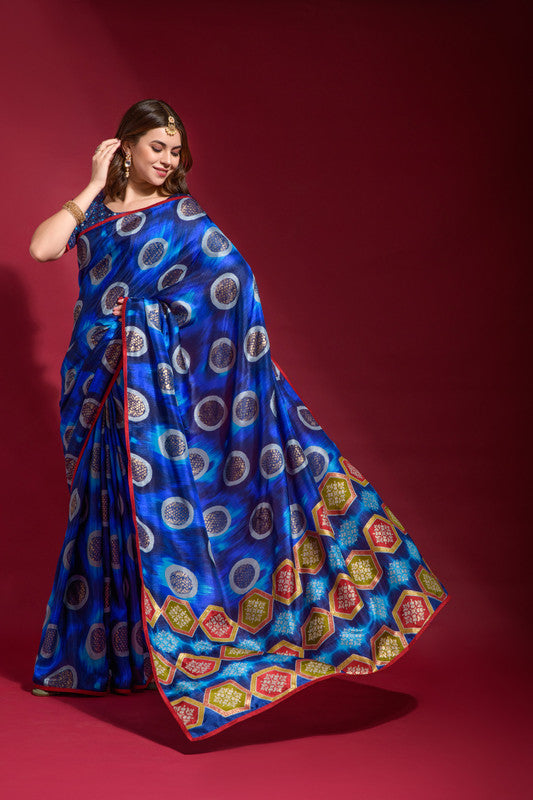Royal Blue Soft Silk Saree with Emboss Foil Print and Blouse