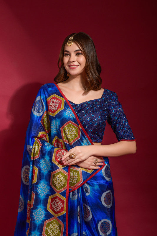 Royal Blue Soft Silk Saree with Emboss Foil Print and Blouse