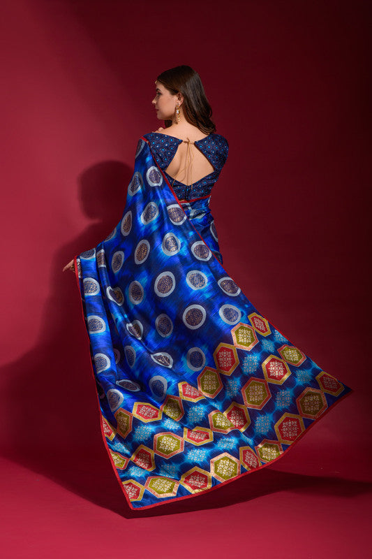 Royal Blue Soft Silk Saree with Emboss Foil Print and Blouse