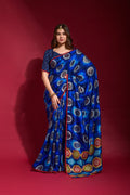 Royal Blue soft silk saree with emboss foil print and decorative piping work detail