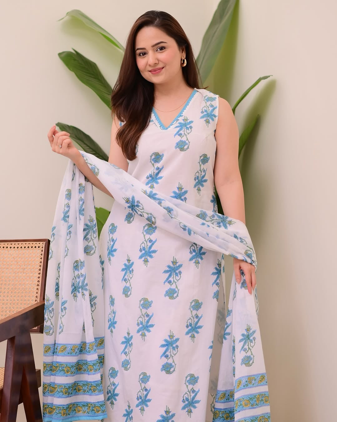 Blue Rayon Slub Floral Printed V-Neck Straight Kurta Set