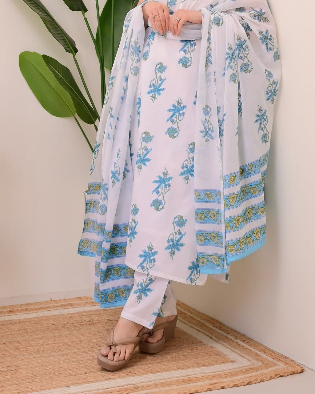 Blue Rayon Slub Floral Printed V-Neck Straight Kurta Set