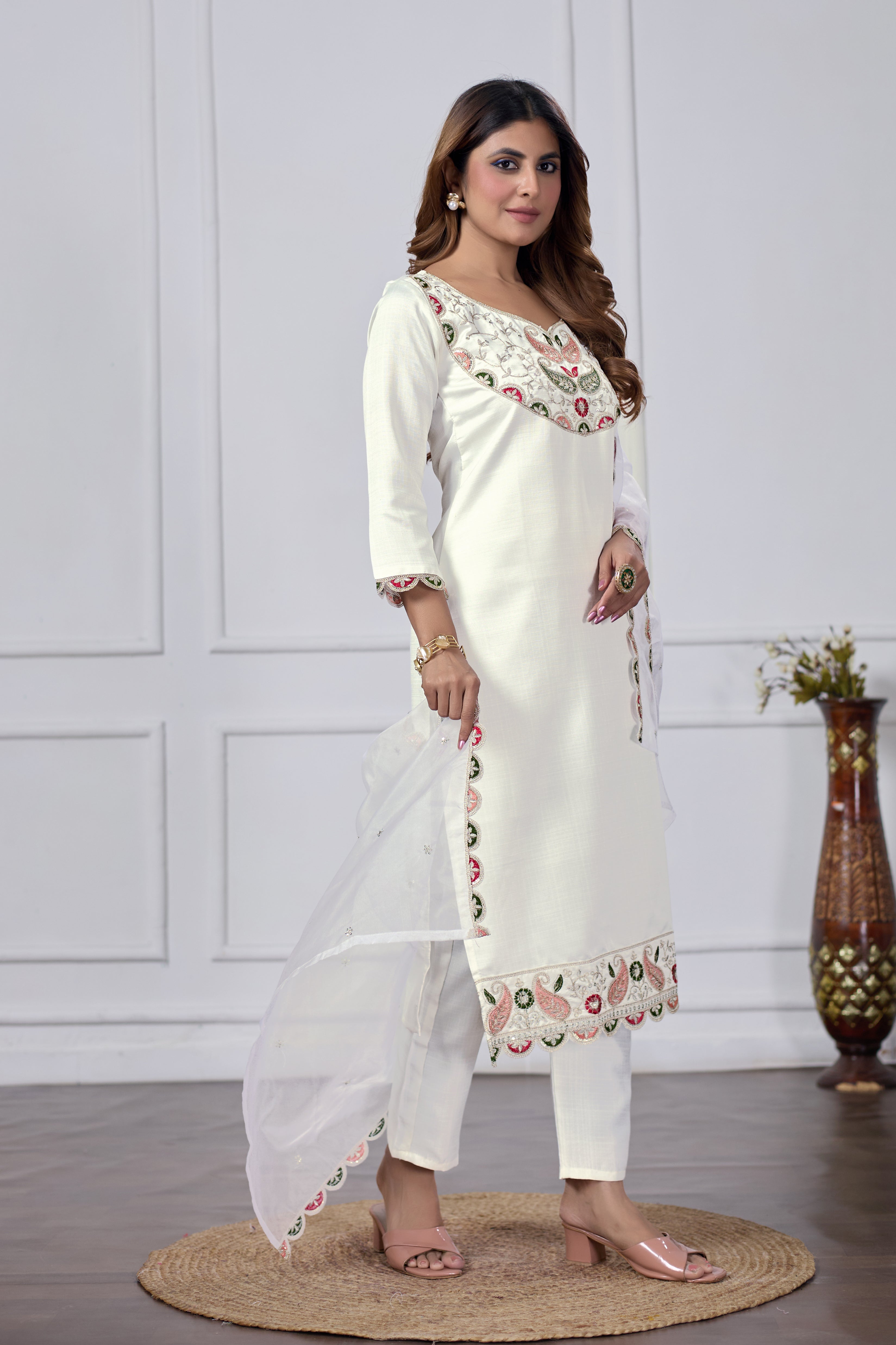 Women's White Cotton Embroidered Straight Kurta Set with Dupatta
