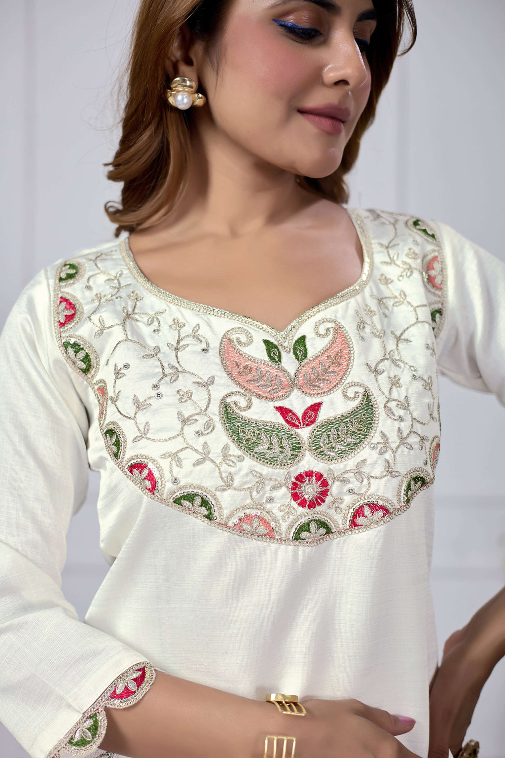 Women's White Cotton Embroidered Straight Kurta Set with Dupatta