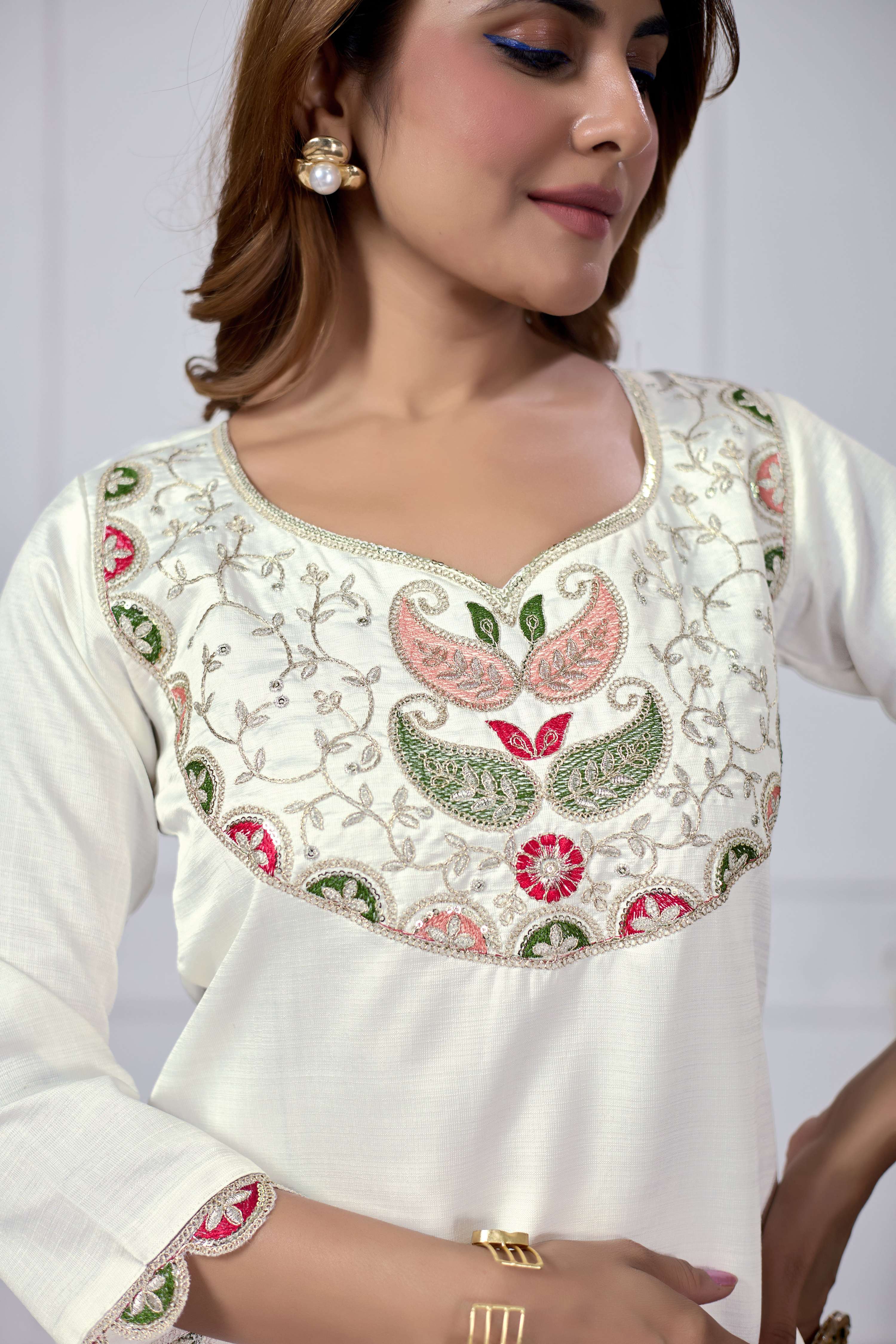 Women's White Cotton Embroidered Straight Kurta Set with Dupatta