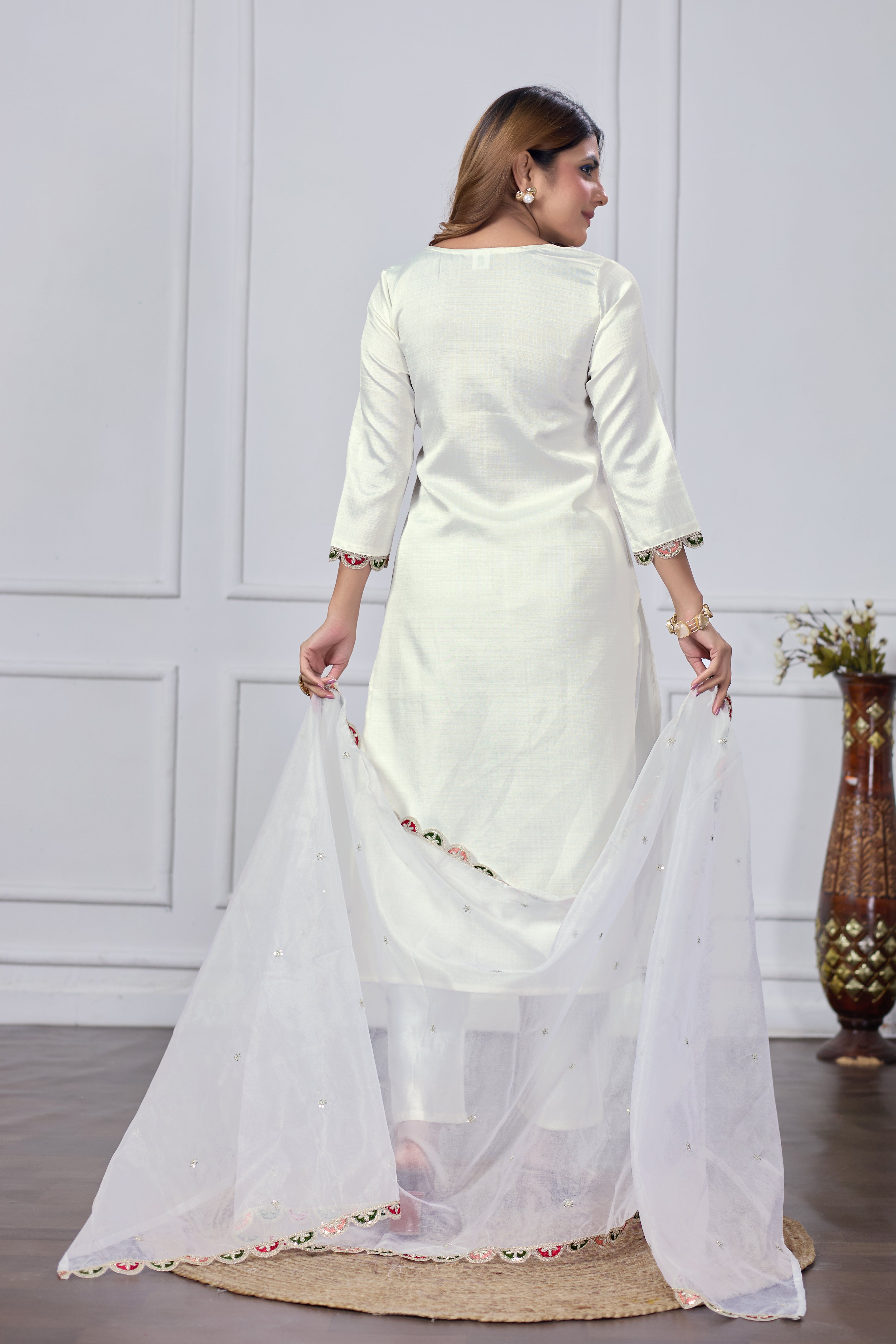 Women's White Cotton Embroidered Straight Kurta Set with Dupatta