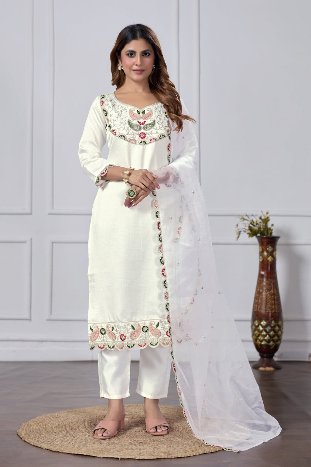 Elegant white cotton embroidered straight kurta set with matching dupatta