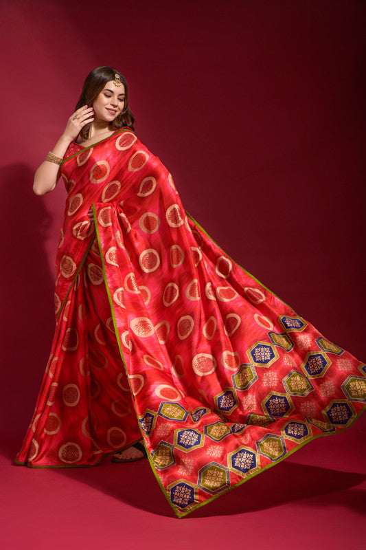 Red Soft Silk Saree with Emboss Foil Print and Blouse