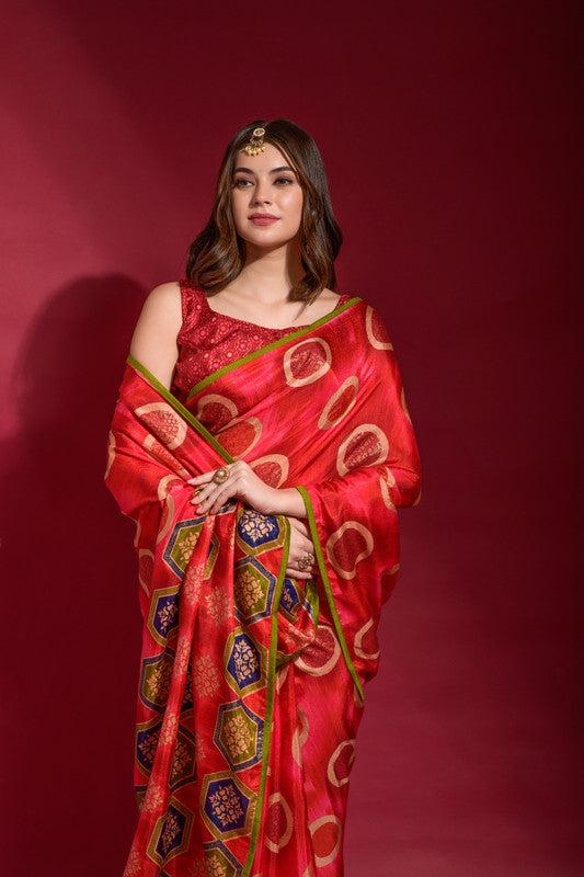 Red Soft Silk Saree with Emboss Foil Print and Blouse
