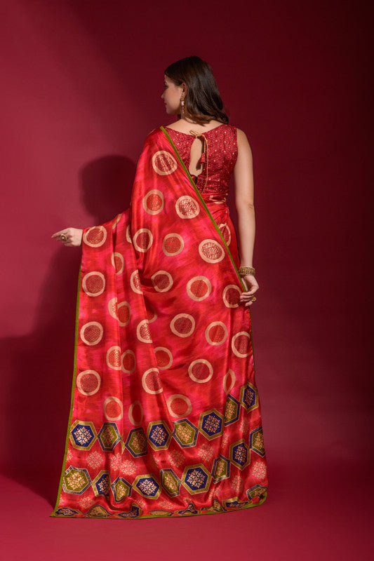 Red Soft Silk Saree with Emboss Foil Print and Blouse