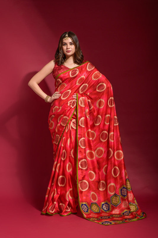 Red soft silk saree with emboss foil printing and decorative piping work