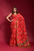 Red soft silk saree with emboss foil printing and decorative piping work