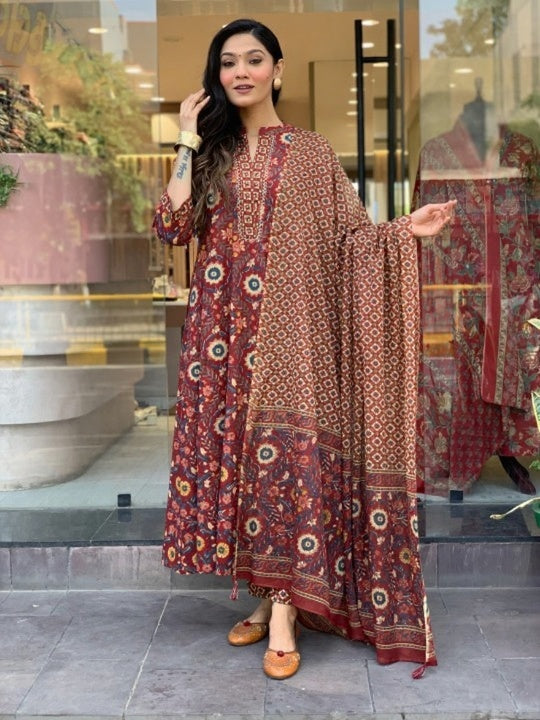 Maroon floral printed rayon slub straight kurta set for women with dupatta