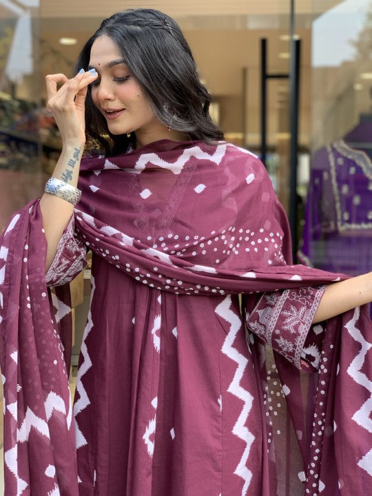 Jyoti Fashion Women's Wine Rayon Slub Printed Designer Kurta Set with Dupatta