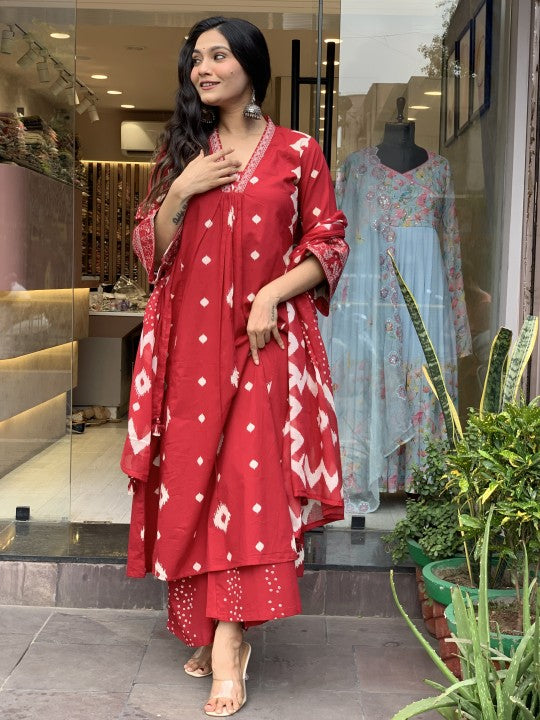 Jyoti Fashion Women's Red Rayon Slub Printed Designer Kurta Set with Dupatta