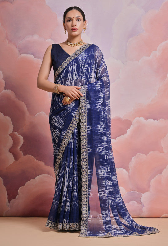 Blue georgette saree with sequence and zari codding embroidery