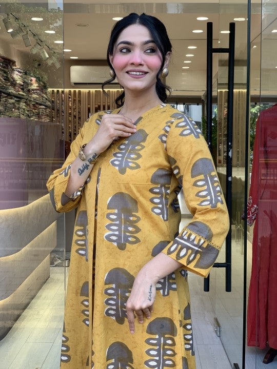 Women's Yellow Rayon Slub Straight Kurta Set with Printed Dupatta