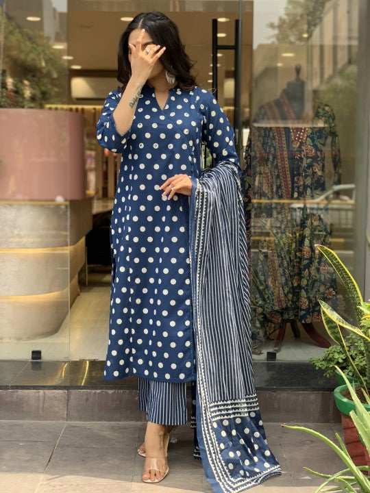 Jyoti Fashion Women's Blue Rayon Slub Printed Designer Kurta Set with Dupatta