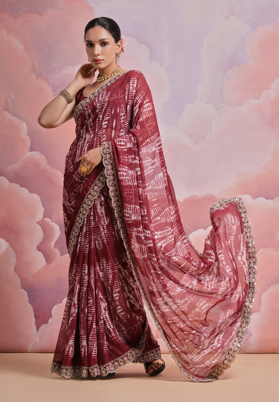 Coffee Sequence Georgette Saree with Zari Codding and Blouse