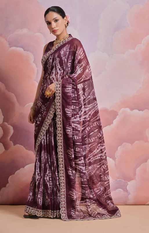 Wine Georgette Saree with Sequins and Zari Codding Work