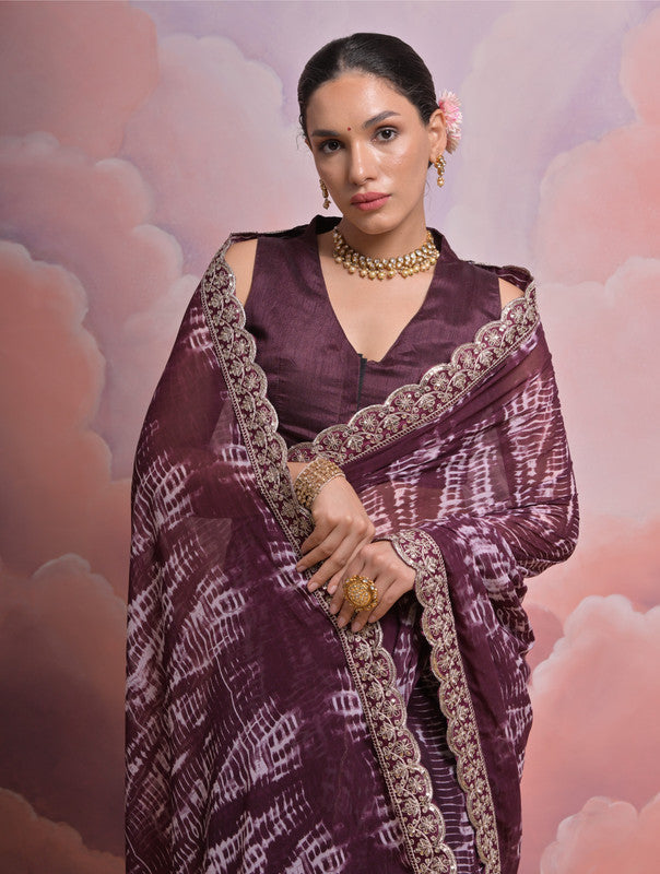 Wine Georgette Saree with Sequins and Zari Codding Work