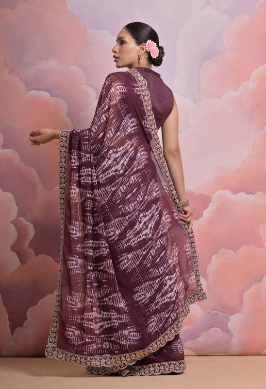 Wine Georgette Saree with Sequins and Zari Codding Work