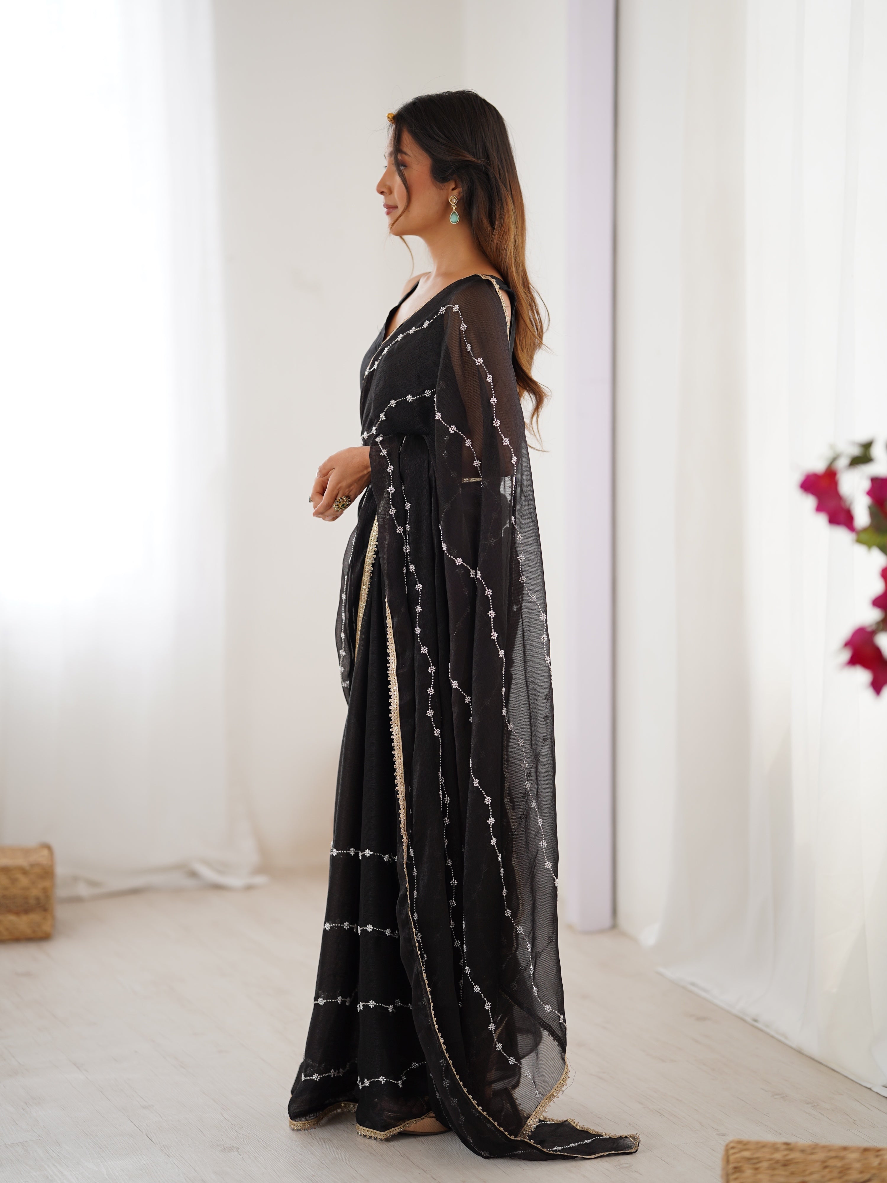 Jyoti Fashion Women's Black Soft Sitara Embroidered Designer Saree with Blouse