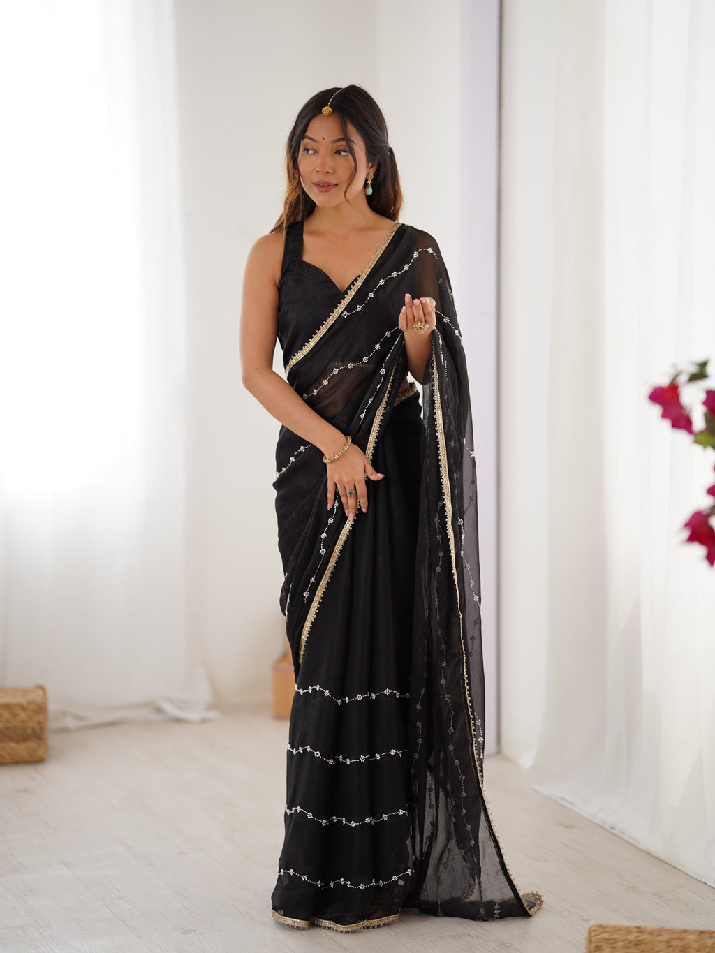 Jyoti Fashion Women's Black Soft Sitara Embroidered Designer Saree with Blouse