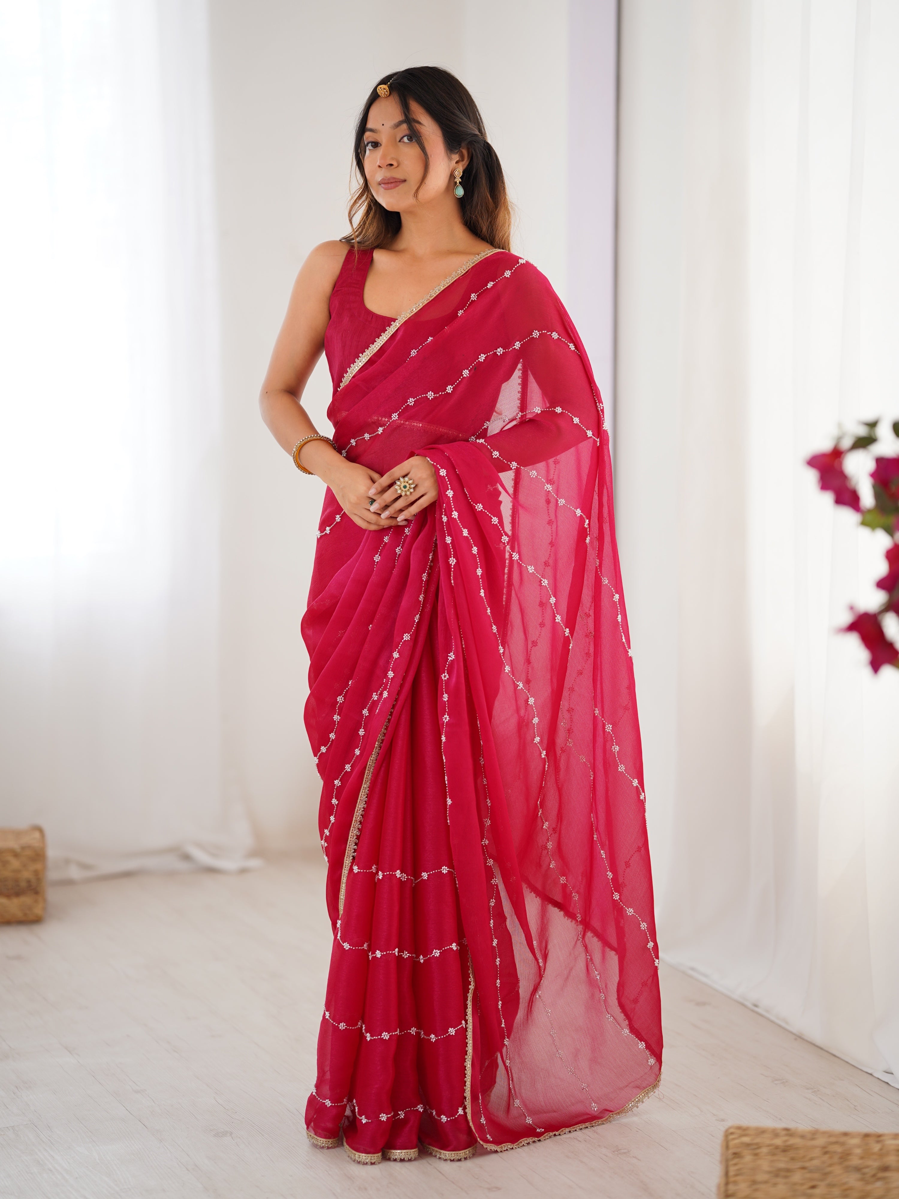 Jyoti Fashion Women's Pink Soft Sitara Embroidered Designer Saree with Blouse