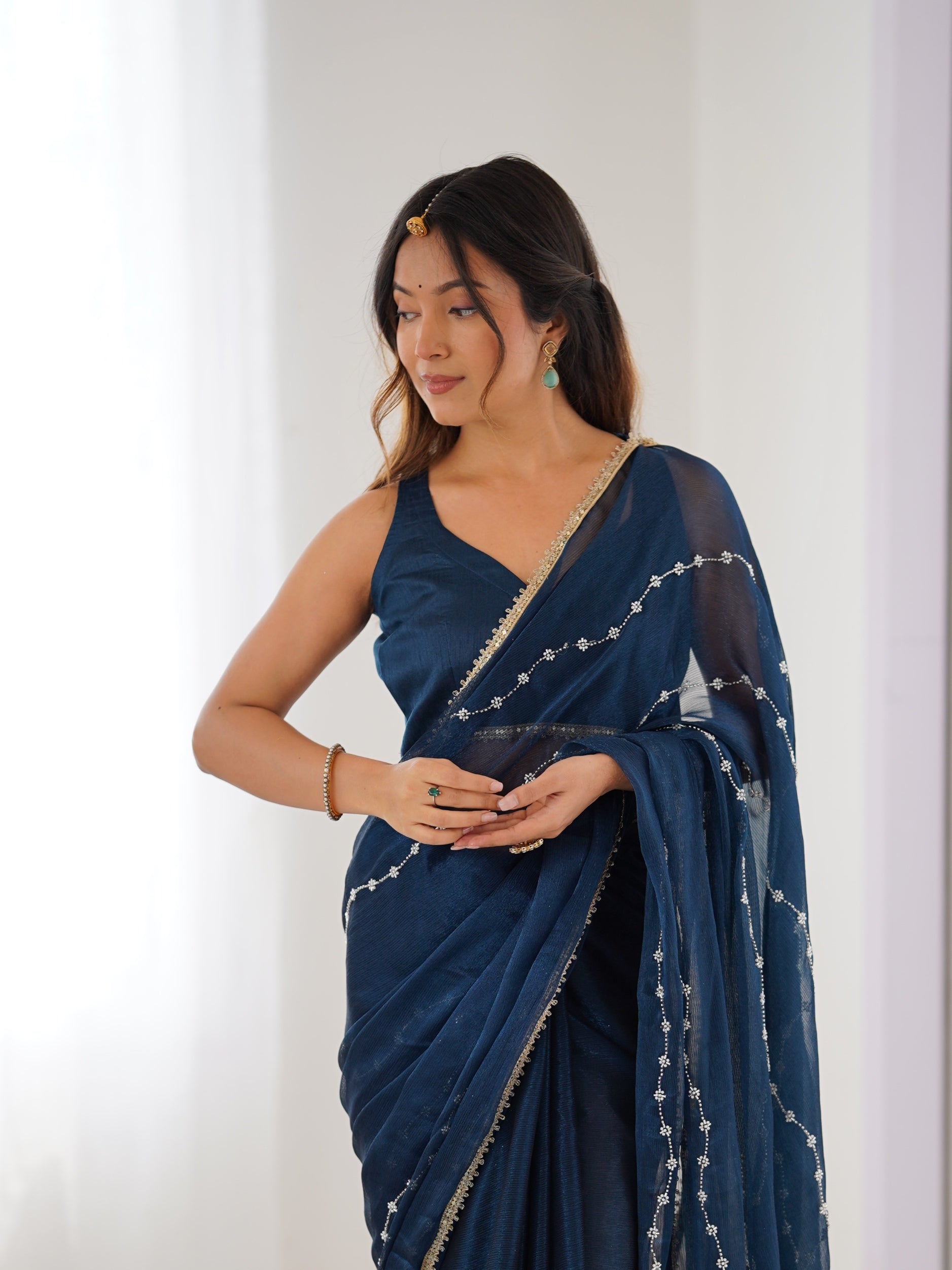 Jyoti Fashion Women's Teal Soft Sitara Embroidered Designer Saree with Blouse