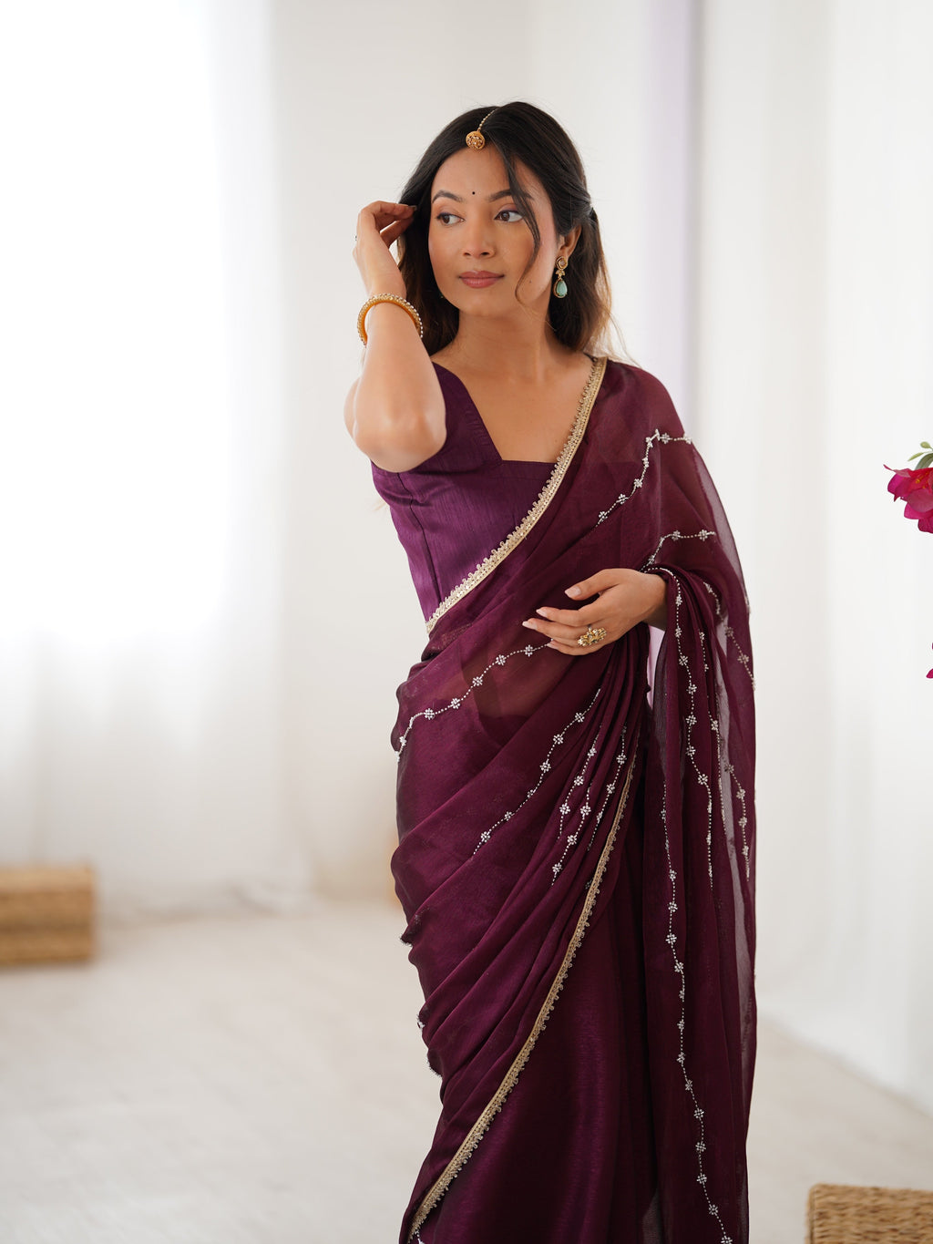 Wine Soft Sitara Embroidered Designer Saree with Moti Work